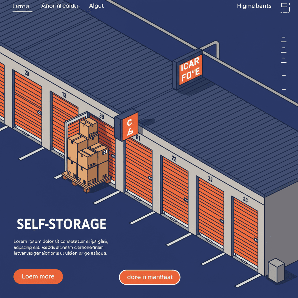 Self-storage facility rows of orange roll-up doors with SpaceForThat unit labels