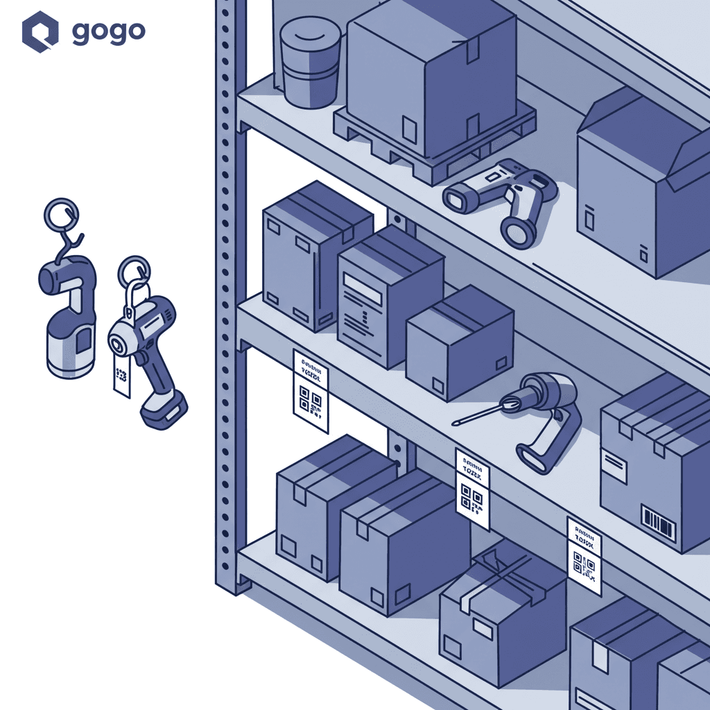 Small business stockroom with tools and equipment tagged with QR labels