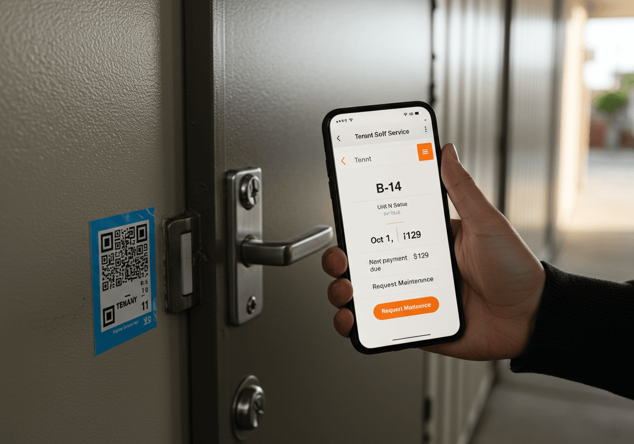 Tenant self-service — scan QR code at unit door to view lease and payment status