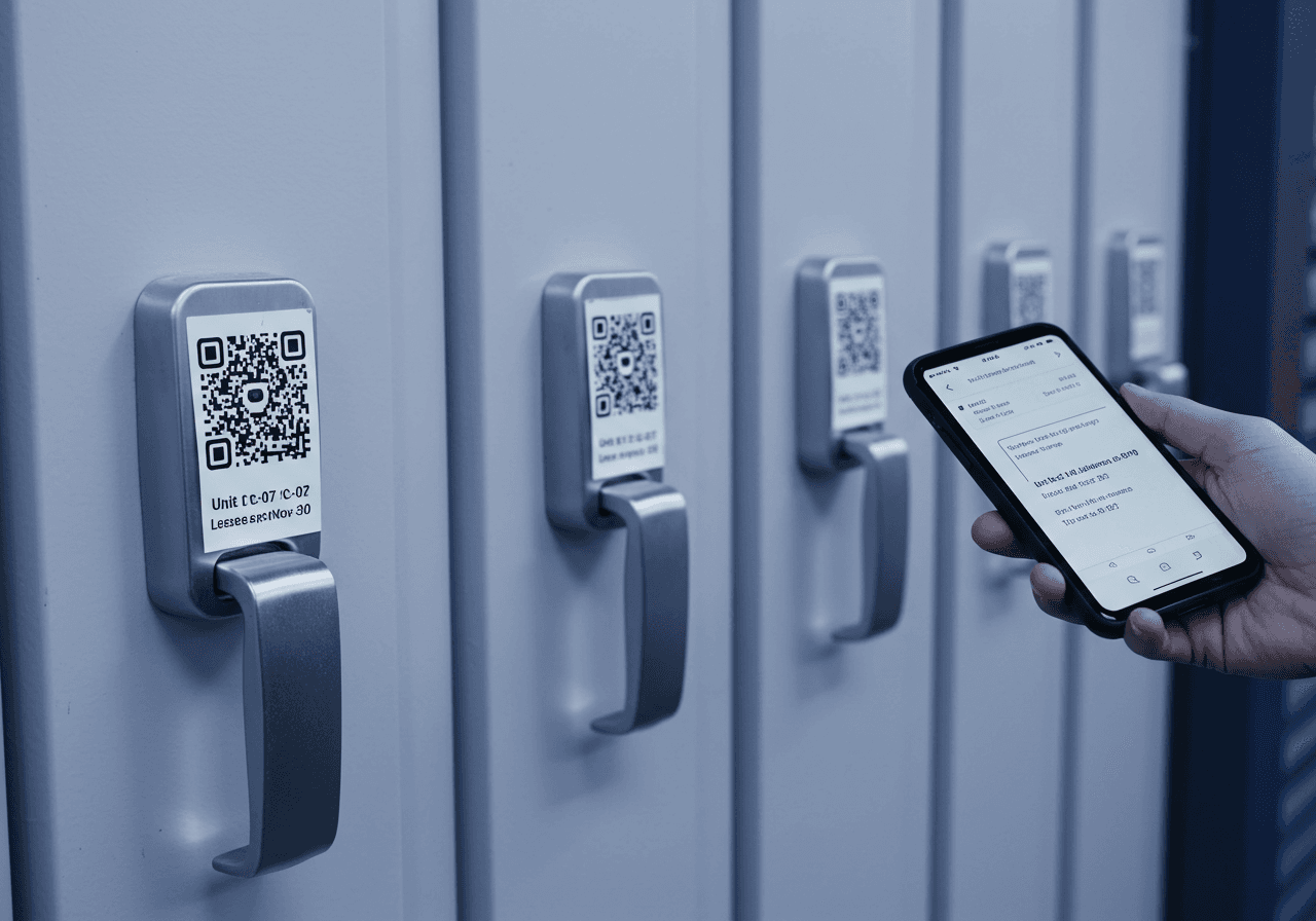 QR code labels printed for self-storage units — scan to surface unit details instantly